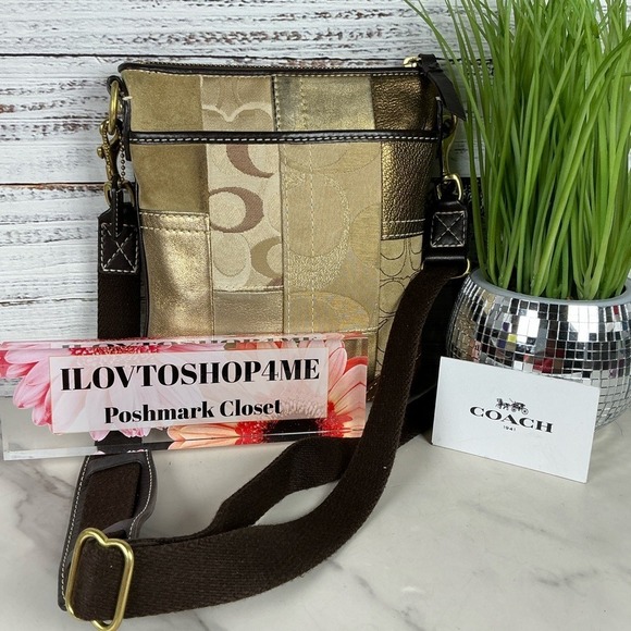 Coach Holiday Vintage Gold Brown Patchwork Messenger Fall Crossbody Bag - Picture 3 of 12